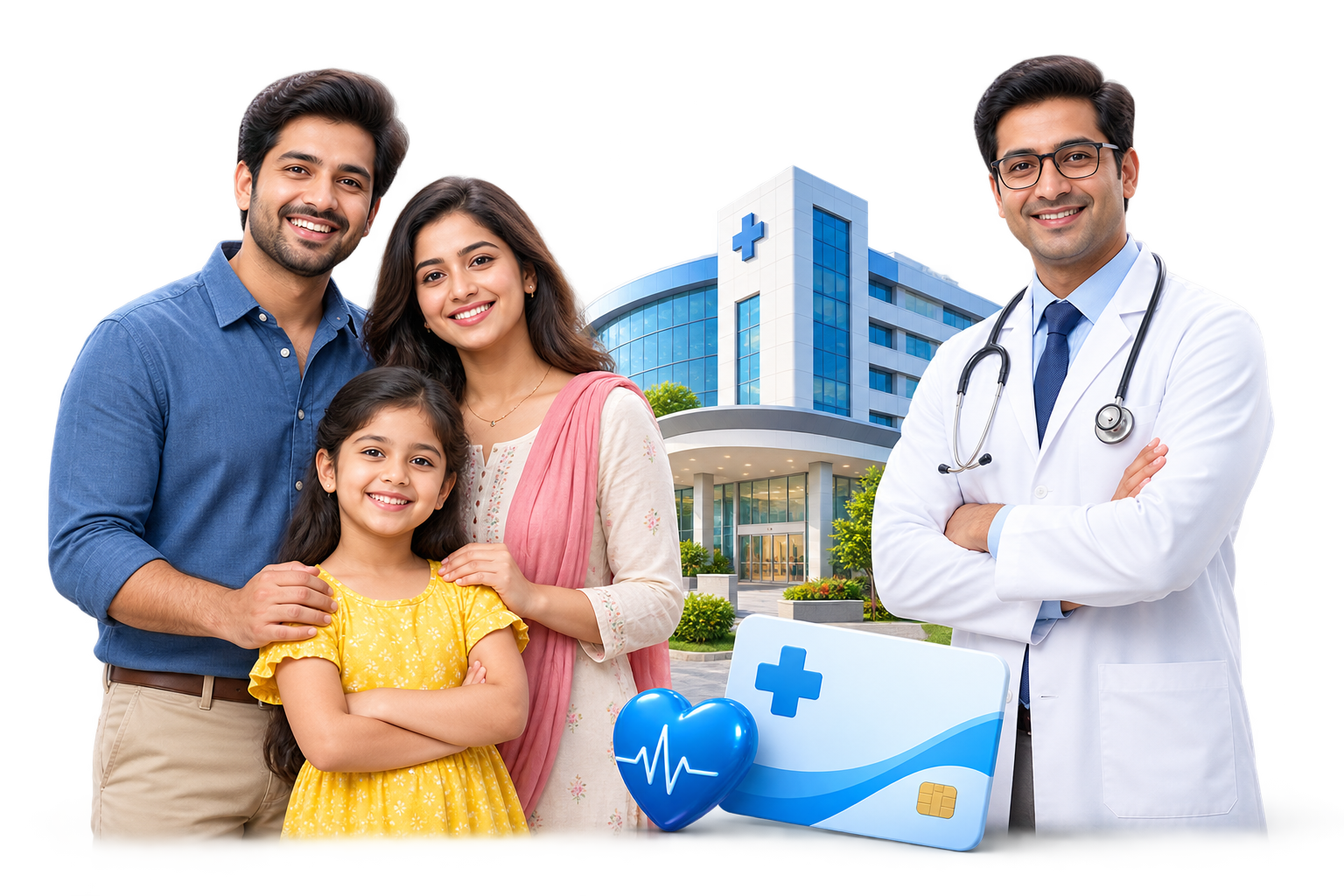Family, doctor and hospital representing comprehensive health insurance